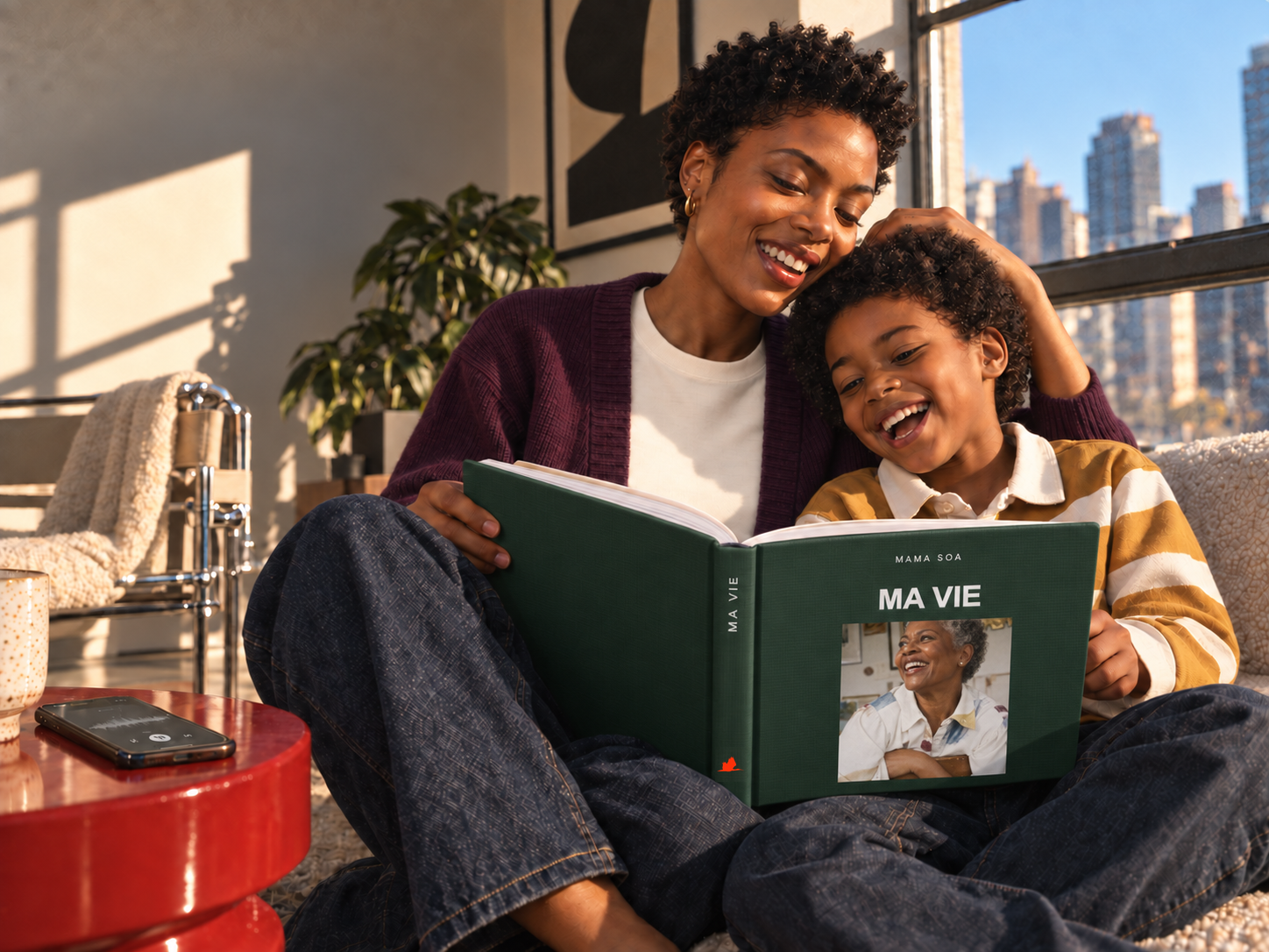 Une mère et son enfant lisent ensemble le livre familial MAMA SOA — MA VIE