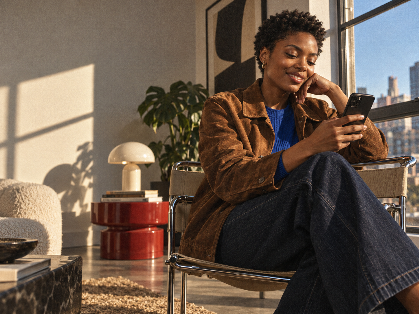Une femme choisit une question JALI depuis son téléphone dans son salon